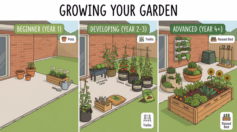 Comparison showing a beginner container herb setup, a mid-size patio vegetable arrangement, and a larger home garden setup to visualize short-term and long-term hobby growth