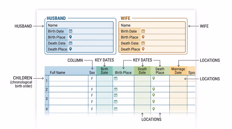 Example family group record showing parents at the top and several children listed below with dates and places, demonstrating one family unit in detail