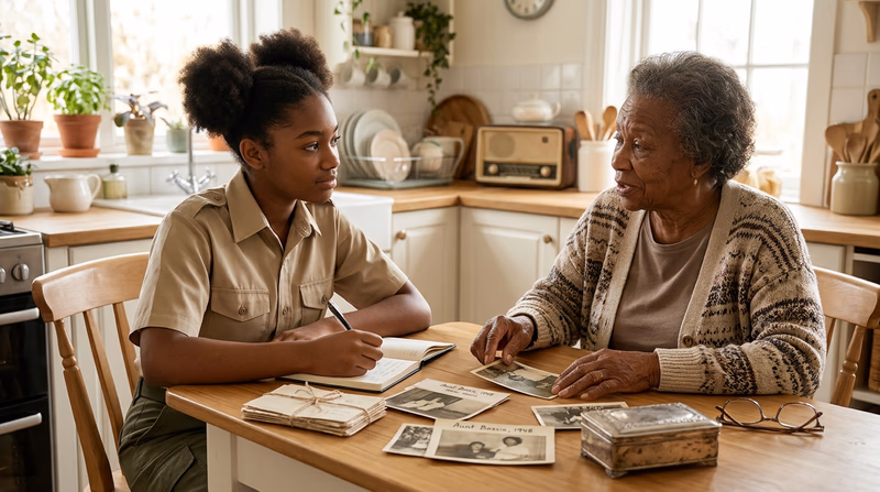 Scout interviewing an older relative with notebook, labeled family photos, and keepsakes spread out to prompt memories