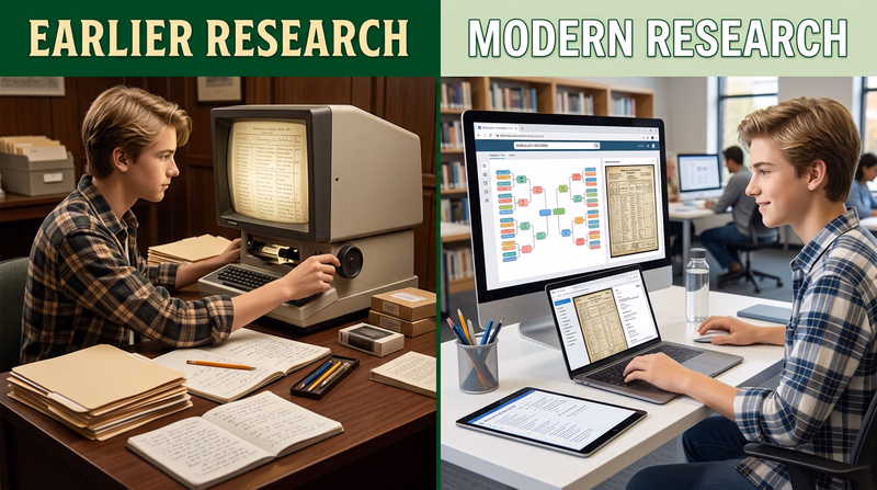 Split-scene comparison showing an earlier researcher using microfilm and paper notes on one side and a modern researcher using a computer with scanned records on the other