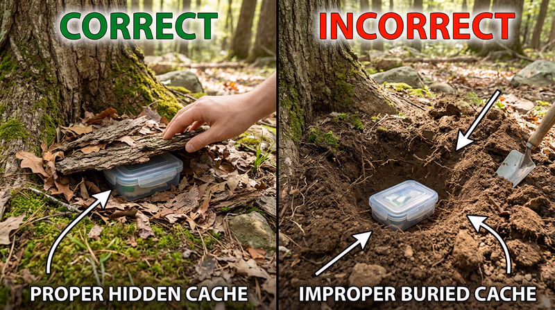 Side-by-side comparison showing a properly hidden surface cache under removable natural cover and an improper buried cache with disturbed soil and roots so readers can instantly see why buried caches damage the site