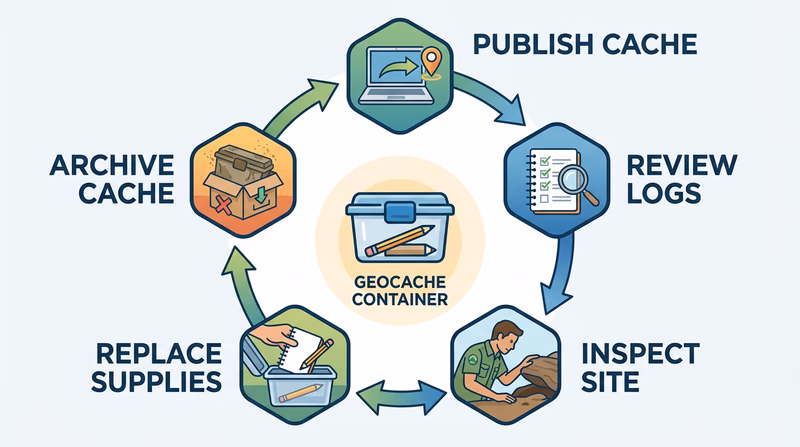 Circular maintenance workflow showing publish, monitor logs, inspect the container, replace wet or damaged supplies, and archive when ownership ends so readers can see cache care as an ongoing cycle