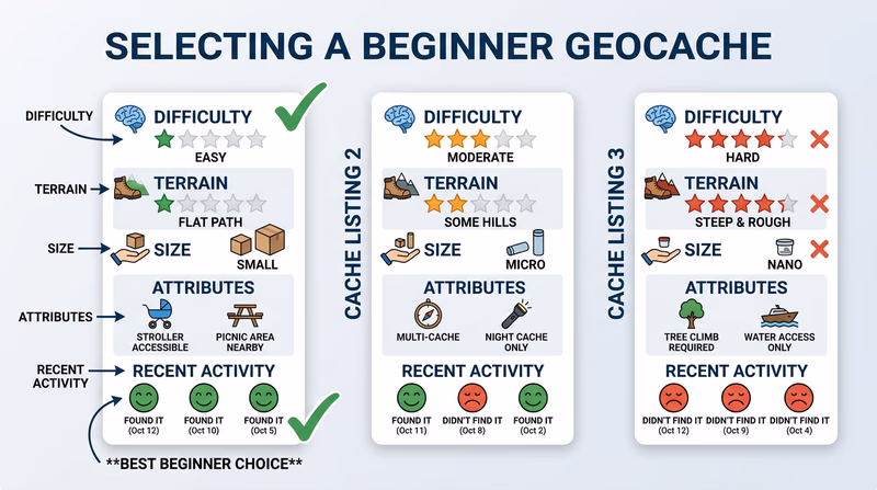 Three simplified cache listing cards side by side with difficulty, terrain, size, attributes, and recent-log highlights marked so readers can see how to compare candidates before picking a first cache