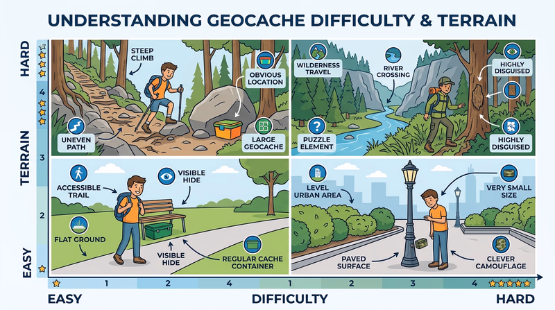 Simple two-axis grid with easy-to-hard difficulty on one axis and easy-to-hard terrain on the other, using four example cache scenarios to show how the two ratings describe different kinds of challenge