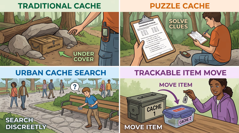 Four-panel overview showing a traditional cache, a puzzle cache, an urban hide with nearby bystanders, and a trackable item moving between caches so readers can see how common geocaching experiences differ