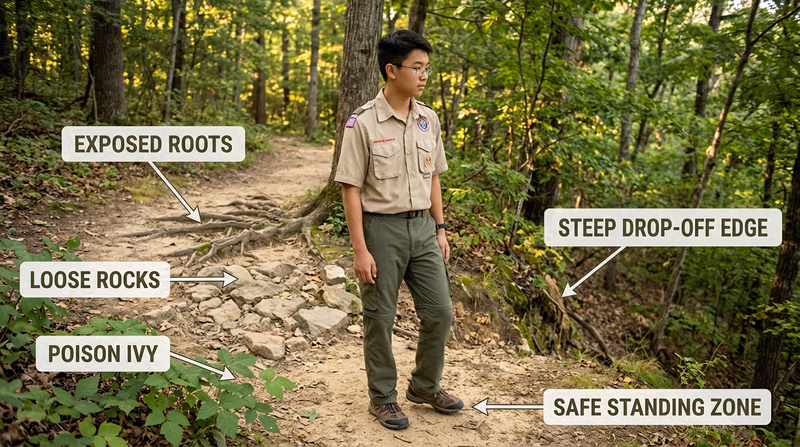 Annotated trail-side geocaching scene highlighting loose rocks, roots, a drop-off, poison ivy, and a safe standing zone so readers can see the kind of quick hazard scan they should do before searching