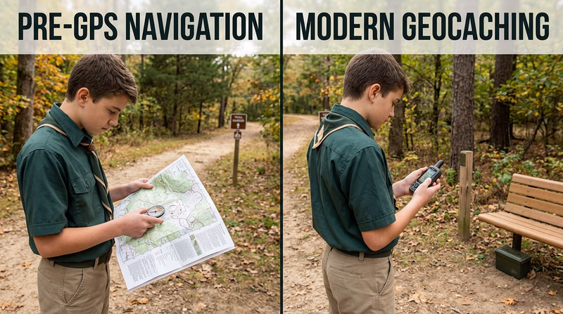 Side-by-side comparison of old-school map-and-compass navigation and modern geocaching with a GPS receiver, showing how the tools changed while the goal of safe navigation stayed the same