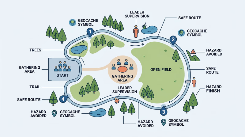 Bird's-eye course diagram showing a start area, four waypoints, leader supervision positions, and a safe route loop so readers can see how a youth geohunt should be laid out