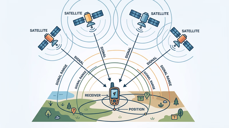 Clean diagram of Earth surface, a GPS receiver, and four satellites with distance circles intersecting at one location to show how trilateration calculates position