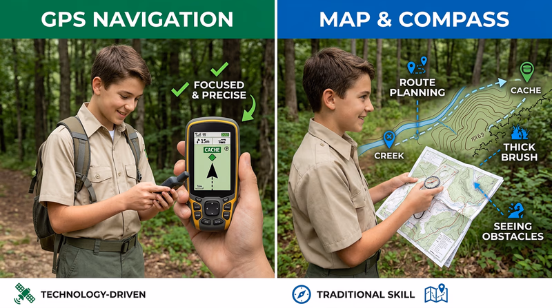Side-by-side navigation scene comparing a Scout following a GPS arrow with a Scout using a map and compass overview of the same terrain, emphasizing precision versus big-picture route awareness