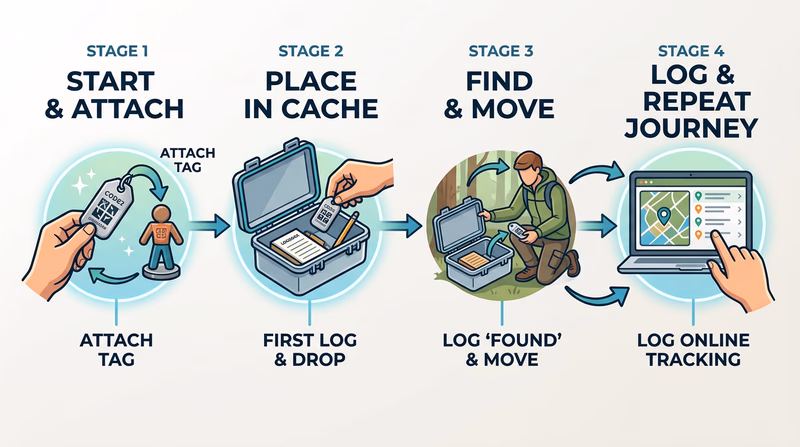 Step-by-step diagram showing a trackable tag attached to a small durable item, released into a cache, moved by different geocachers, and logged online over time so readers can visualize how a Travel Bug mission works