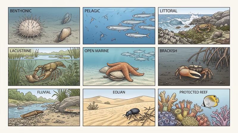 Grid of benthonic, pelagic, littoral, lacustrine, open marine, brackish, fluvial, eolian, and protected reef habitats with feeding examples