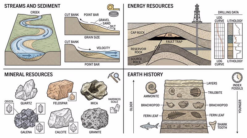 Four-quadrant overview of streams, energy resources, mineral resources, and Earth history pathways