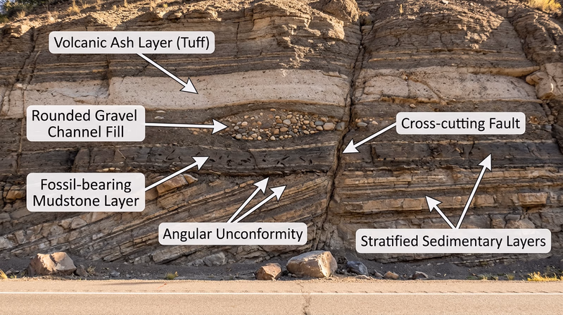 Roadcut with layered rocks and annotated clues such as ash, gravel channel fill, fossil-bearing mud, and a crack or fault