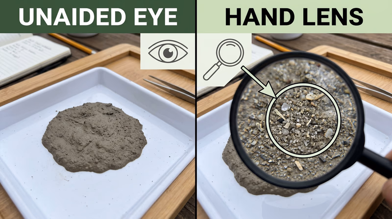 Split comparison of a fine sediment sample viewed with the naked eye and through a hand lens