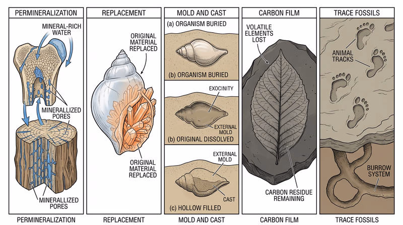Multi-panel comparison of permineralization, replacement, mold and cast, carbon film, and trace fossil formation