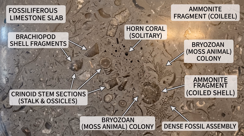 Polished fossiliferous building stone with visible shell fragments, crinoid stem pieces, and coral-like fossil patterns