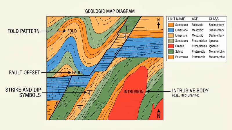 Simplified geologic map with legend, fold pattern, fault offset, intrusion, and strike-and-dip symbols