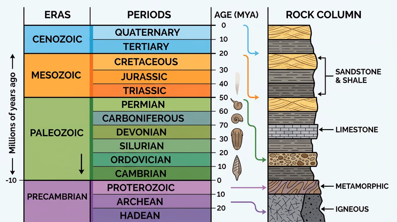 Vertical geologic timescale aligned with a simplified regional rock column and matching periods