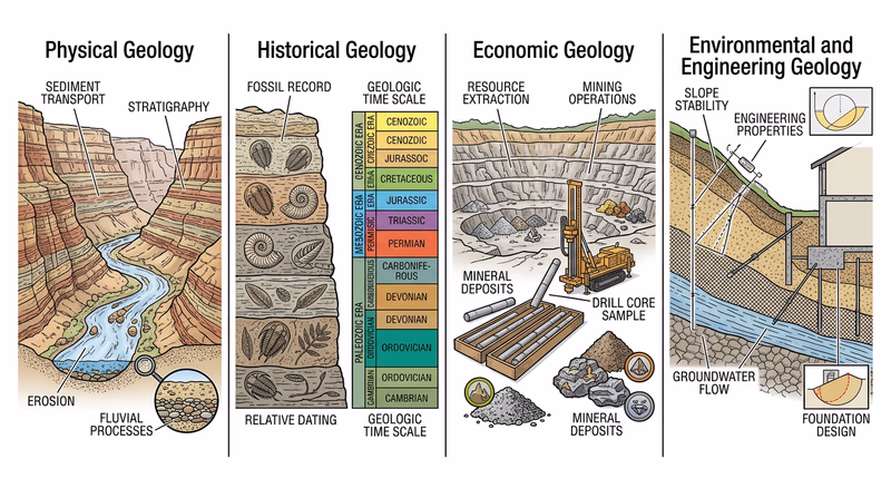 Four-panel comparison of physical, historical, economic, and environmental or engineering geology branches