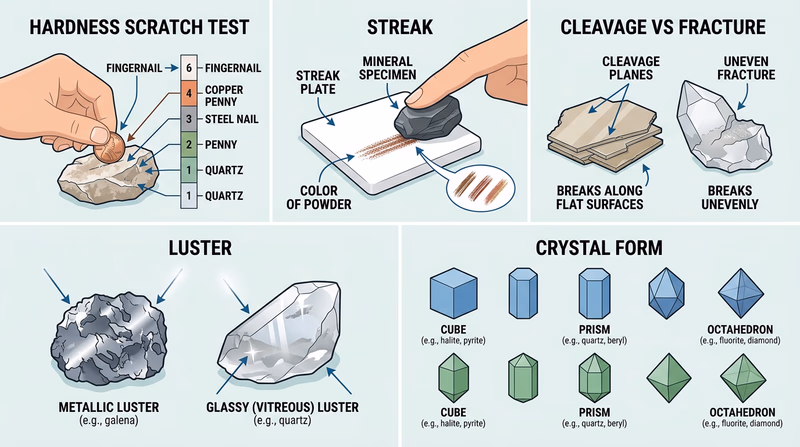 Diagram of mineral identification properties showing hardness, streak, cleavage, luster, and crystal form with simple specimen examples