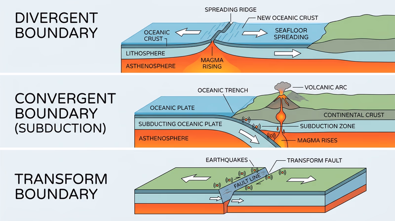 Three-panel diagram of divergent, convergent, and transform boundaries with their typical hazards and landforms