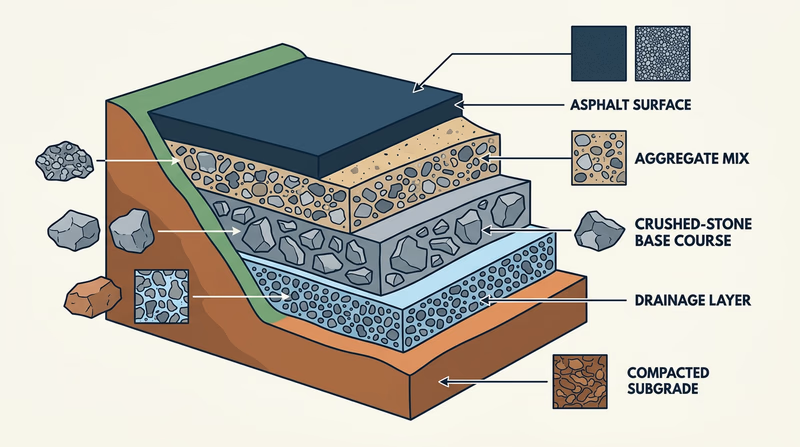 Road cutaway showing asphalt surface, aggregate mix, crushed-stone base, drainage layer, and subgrade