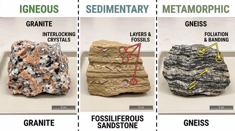 Side-by-side hand specimens showing igneous crystals, sedimentary layers, and metamorphic foliation or banding