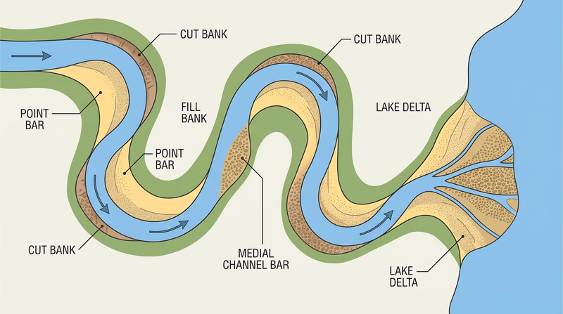 Meandering stream diagram labeling cut bank, fill bank, point bar, medial channel bar, and lake delta with sediment zones