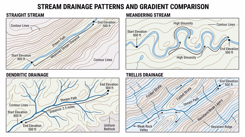 Four topographic-map-style examples of straight, meandering, dendritic, and trellis streams with elevations and measured channel paths