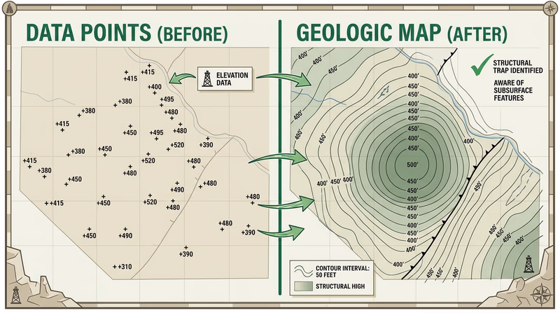 Side-by-side view of scattered well data points and the completed subsurface structure contour map they produce