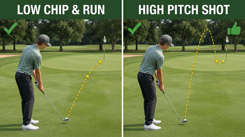 Side-by-side comparison of a low chip-and-run with long rollout and a higher pitch shot with soft landing and short rollout