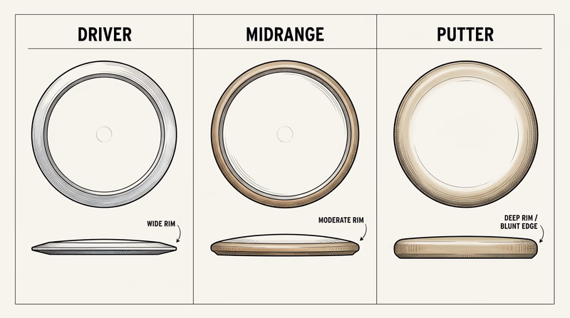 Illustrated grid comparing disc golf driver, midrange, and putter shapes from top and side views