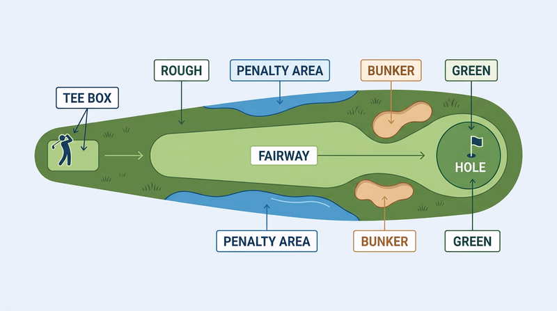 Labeled diagram of a golf hole showing the tee box, fairway, rough, bunker, green, and penalty area in their real positions