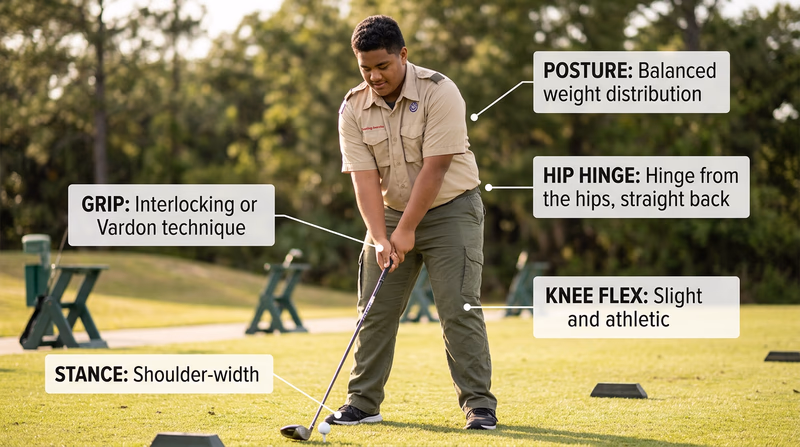 Annotated golf setup photo showing grip, shoulder-width stance, slight knee flex, hinge from the hips, and balanced posture