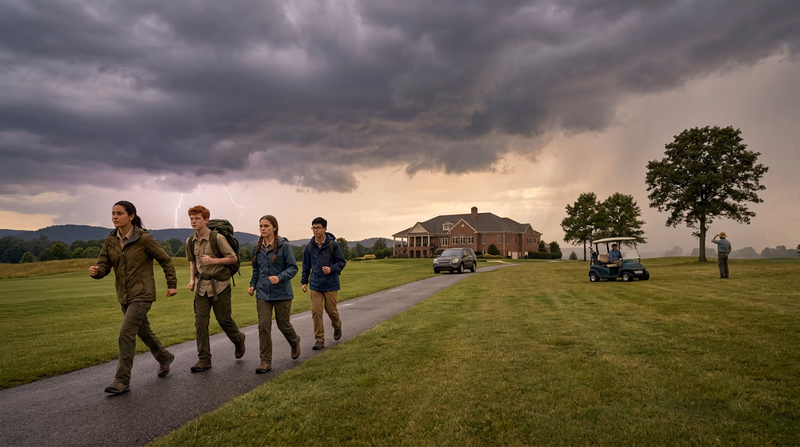 Comparison showing golfers moving to a substantial building or fully enclosed vehicle while unsafe lightning shelter choices like an isolated tree and open cart are crossed out