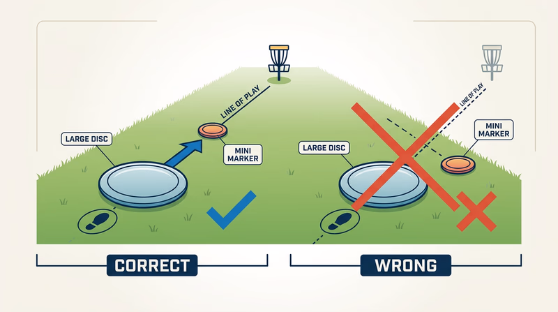 Diagram showing correct mini marker placement directly in front of a disc and an incorrect placement crossed out