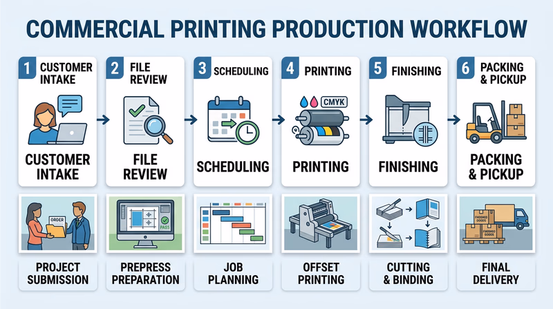 Workflow board showing a commercial print job moving from customer intake through file review, printing, finishing, and delivery
