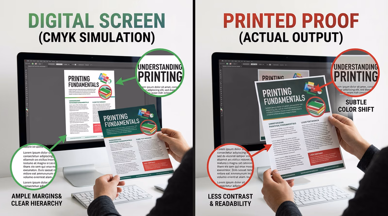 Split comparison of a flyer on screen and the printed proof, highlighting changes in brightness, contrast, and readability