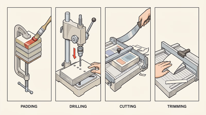 Four-panel sequence showing padding, drilling, cutting, and trimming as distinct finishing operations
