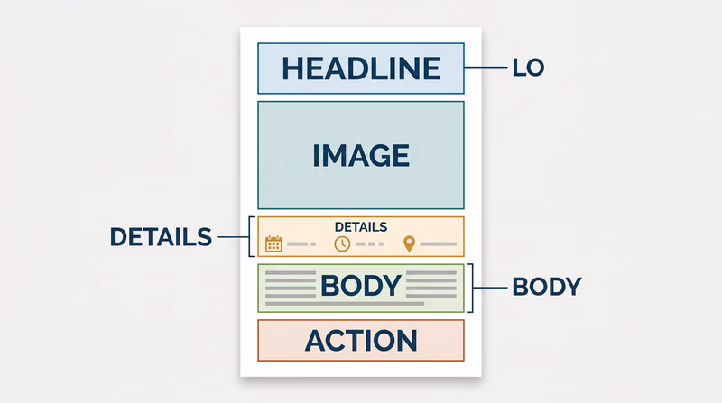 Flyer wireframe showing headline, image, details, body text, and call to action arranged with strong visual hierarchy and white space