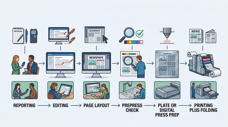 Workflow diagram showing a story moving from reporting and editing through layout, prepress, and printing