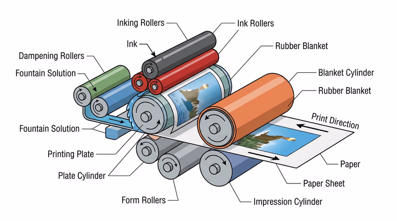 Cutaway diagram showing plate cylinder, blanket cylinder, rollers, and paper path in offset lithography