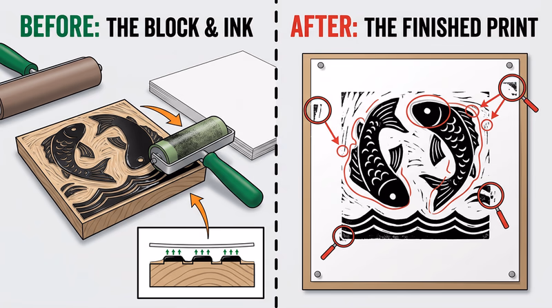 Comparison showing a raised relief printing form before printing and the finished impression after pressure transfers ink to paper