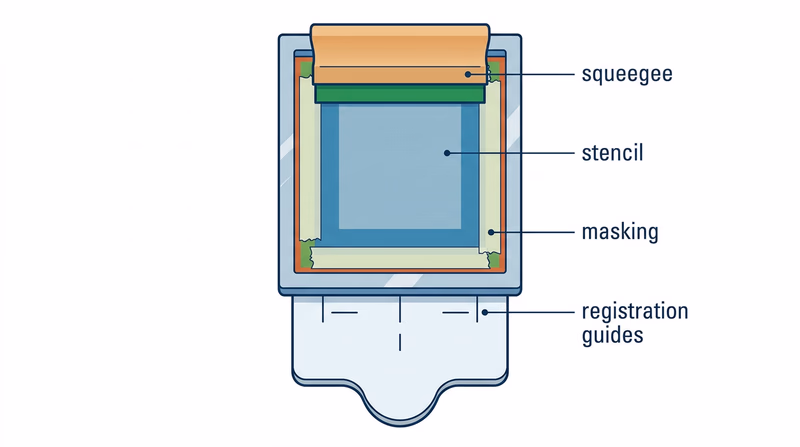 Overhead view of a prepared screen-printing setup showing stencil, masking, registration guides, and squeegee position