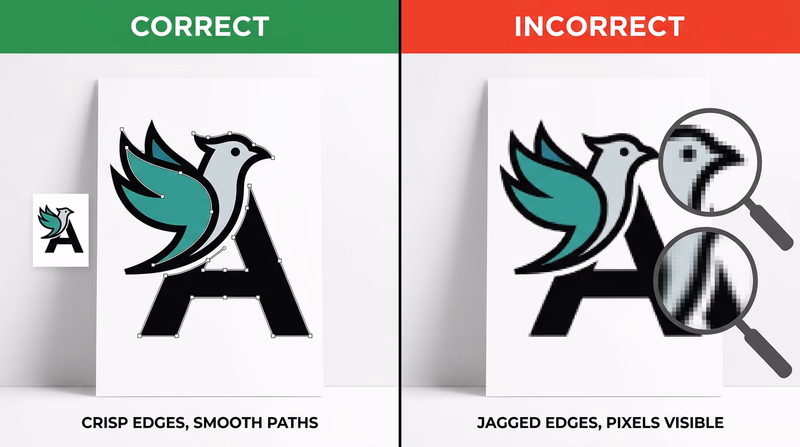 Side-by-side comparison showing a vector logo staying crisp when enlarged and a raster image becoming visibly pixelated