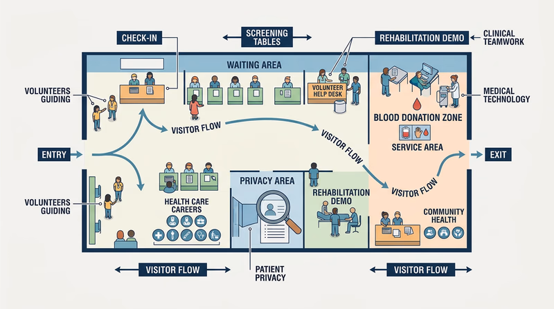Bird's-eye diagram of a community health fair with labeled stations for check-in, waiting area, screening tables, privacy area, volunteer help desk, and exit, showing how visitor flow and teamwork keep the event organized