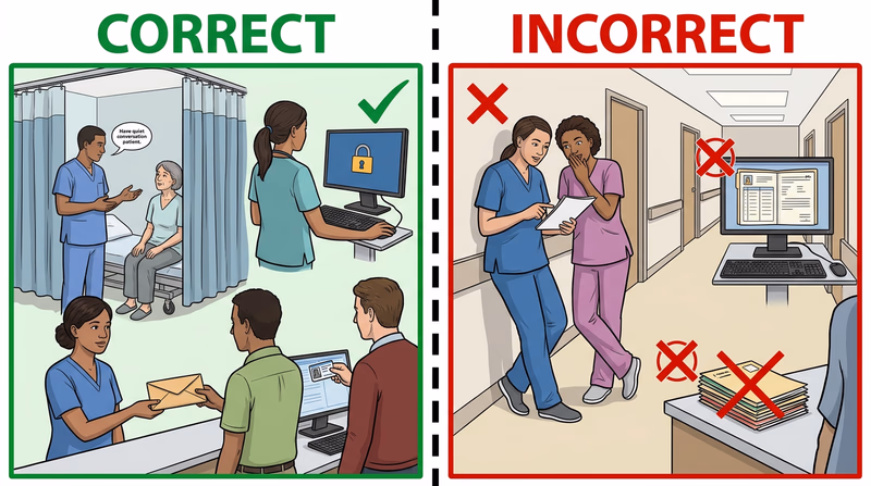 Split comparison showing correct privacy habits on one side and crossed-out mistakes on the other: a clinician speaking quietly behind a curtain, a locked computer screen, and verified paperwork versus gossiping in a hallway, an unattended open chart, and records visible to others