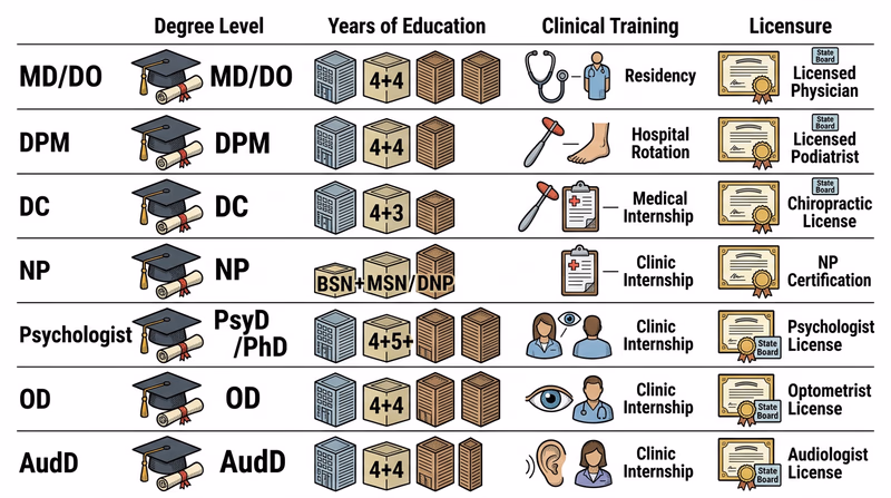 Horizontal comparison chart showing seven Group 1 careers as rows with icons for degree, school years, supervised clinical training, and licensure, making it easy to compare how long and complex each path is