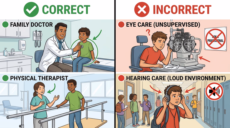 Four-panel comparison showing a family doctor listening to a patient, an optometrist using an eye exam device, an audiologist performing a hearing test, and a physical therapist helping a patient walk, illustrating how different specialists solve different health problems